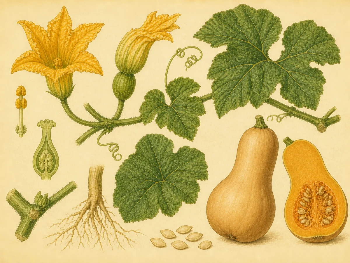 Prancha botânica complementar de Abóbora-menina (Cucurbita moschata) com caracteres de identificação e ciclo de vida