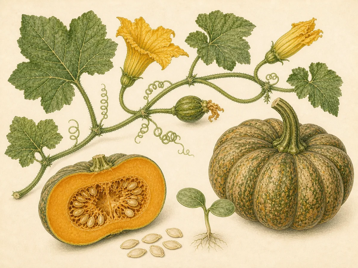 Prancha botânica complementar de Abóbora Moganga de Geraz (Cucurbita moschata 'Moganga de Geraz') com caracteres de identificação e ciclo de vida