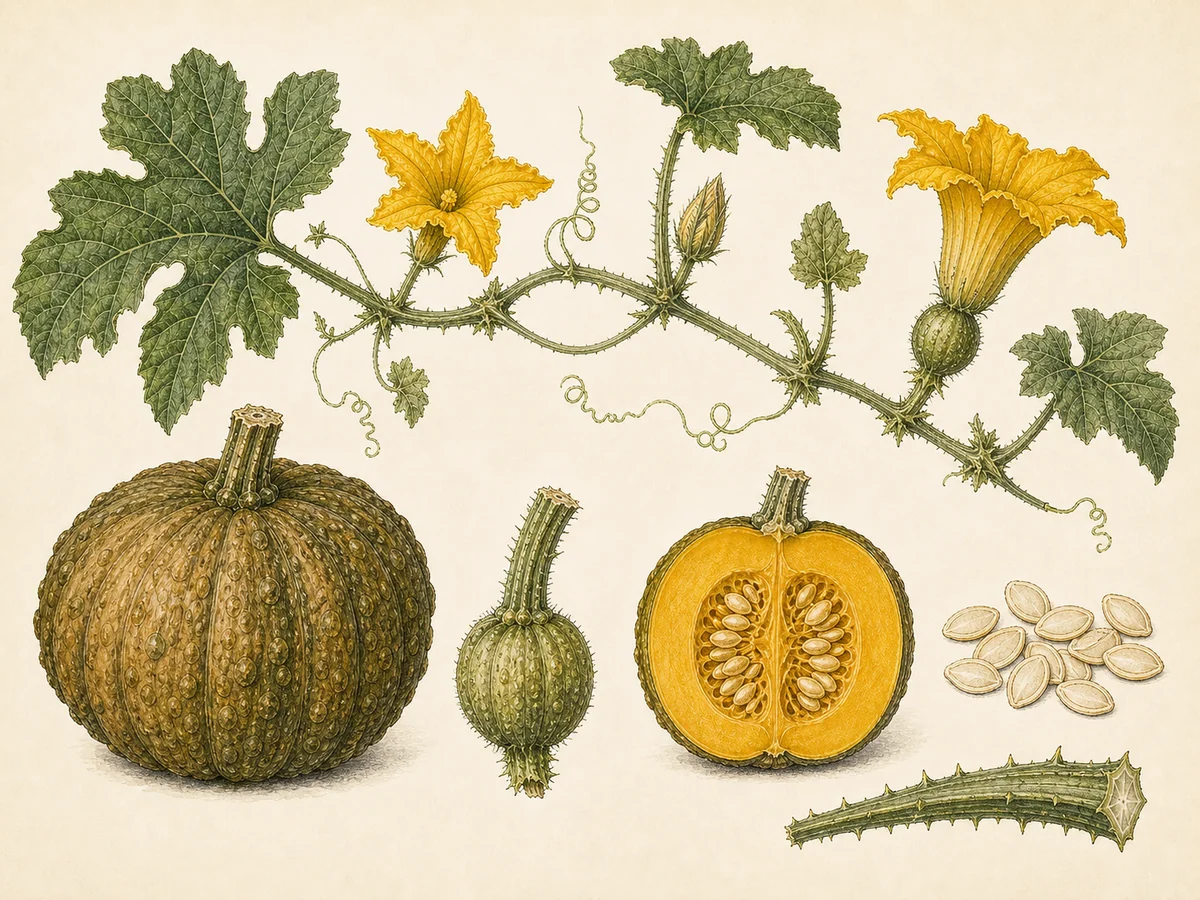 Prancha botânica complementar de Abóbora-porqueira de Bornes (Cucurbita pepo 'Bornes') com caracteres de identificação e ciclo de vida