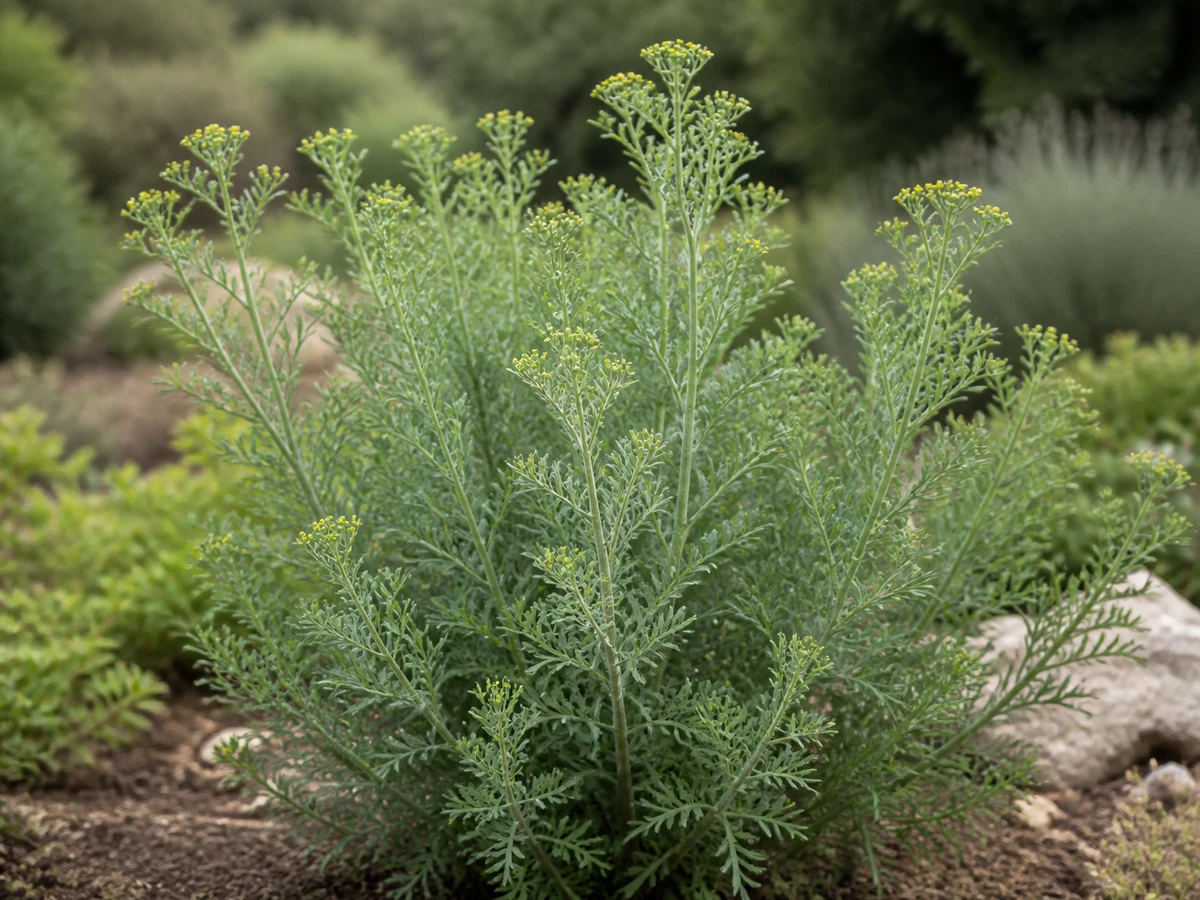 Prancha botânica complementar de Abrótano (Artemisia abrotanum) com caracteres de identificação e ciclo de vida
