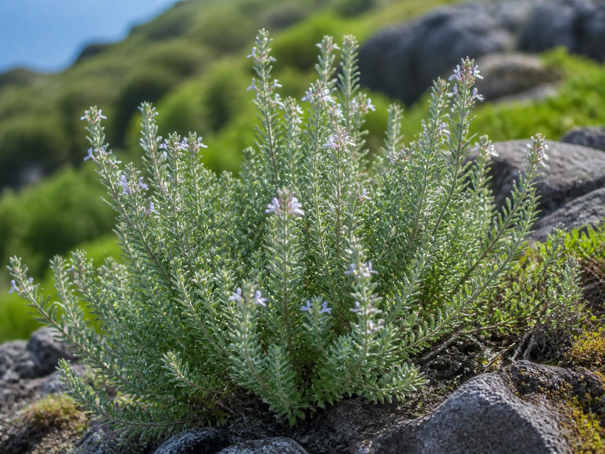 Prancha botânica complementar de Abrótona-da-Madeira (Teucrium francoi) com caracteres de identificação e ciclo de vida