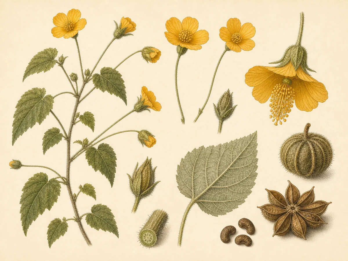 Prancha botânica complementar de Abutilon sonneratianum — não plantar na Madeira (Abutilon sonneratianum) com caracteres de identificação e ciclo de vida