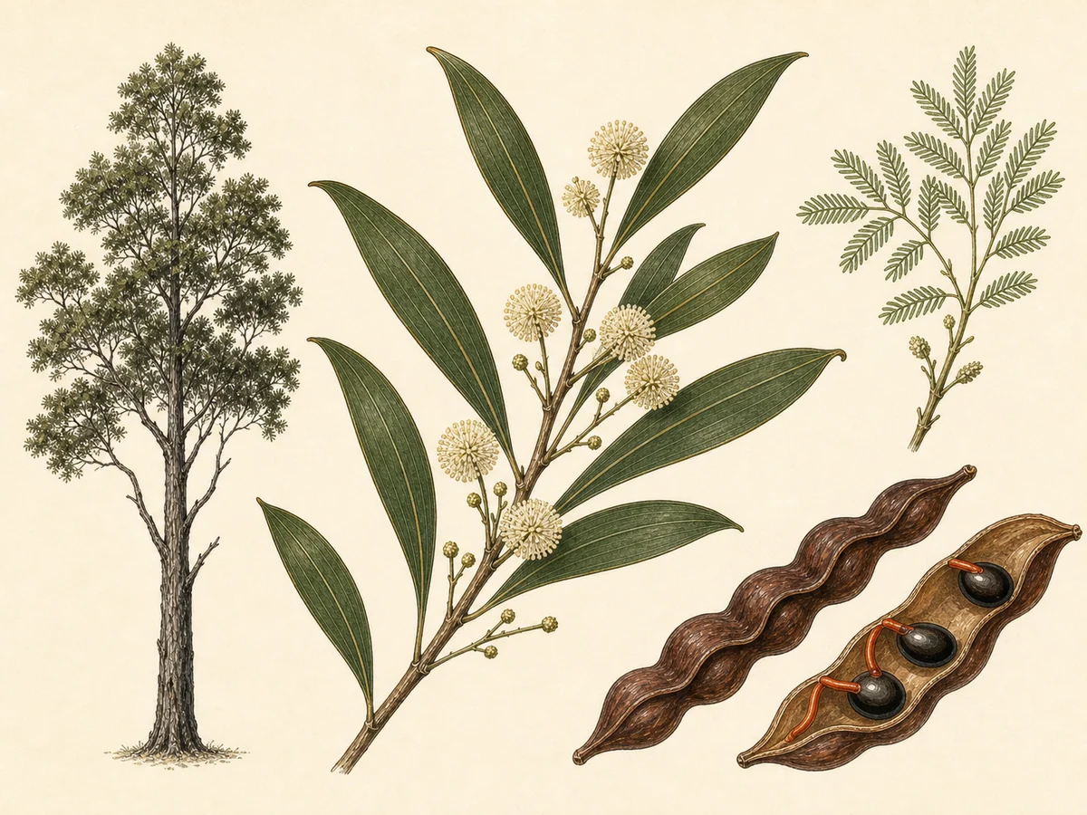 Prancha botânica complementar de Acácia-da-Austrália — não plantar (Acacia melanoxylon) com caracteres de identificação e ciclo de vida