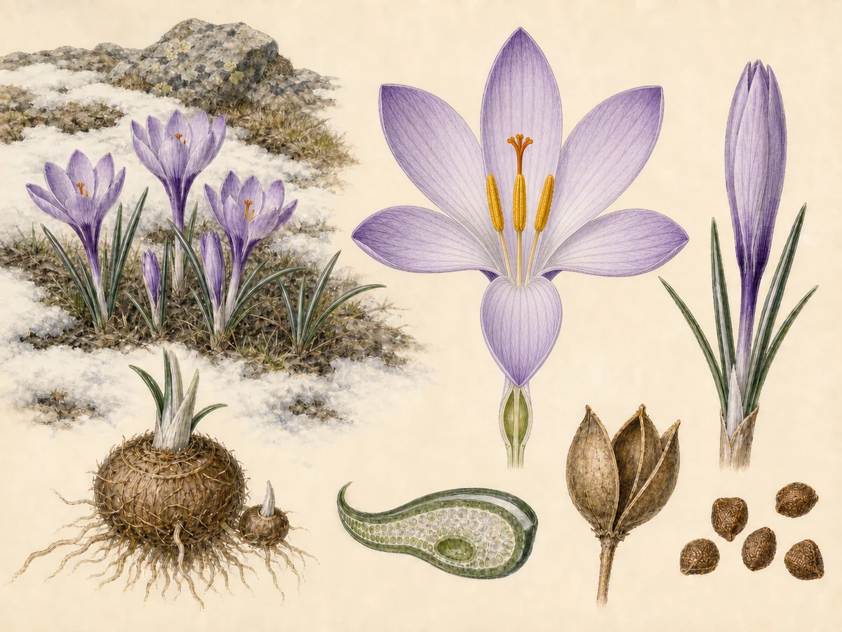 Prancha botânica complementar de Açafrão-da-primavera (Crocus carpetanus) com caracteres de identificação e ciclo de vida