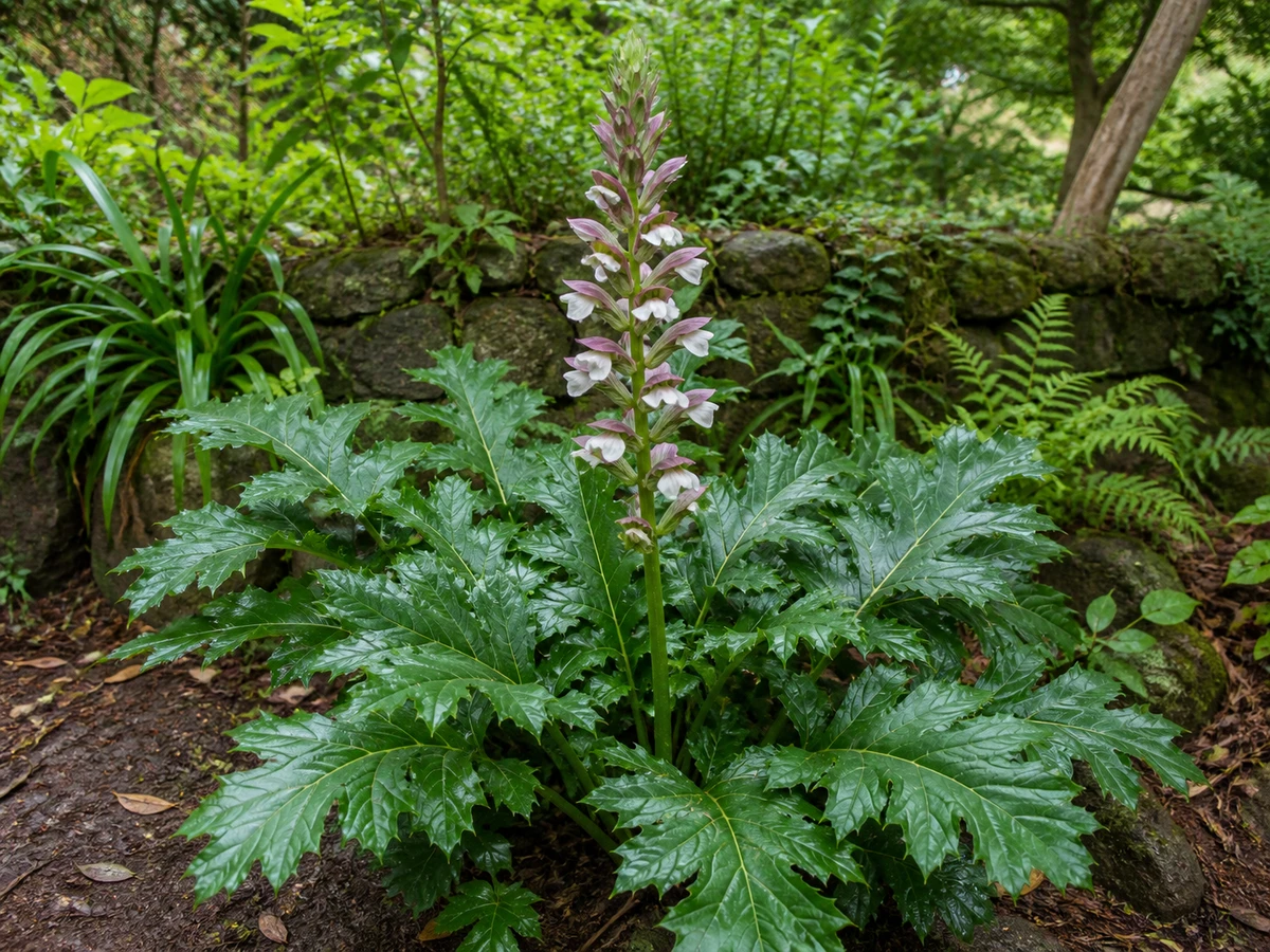 Prancha botânica complementar de Acanto — cultivo condicionado na Madeira (Acanthus mollis) com caracteres de identificação e ciclo de vida
