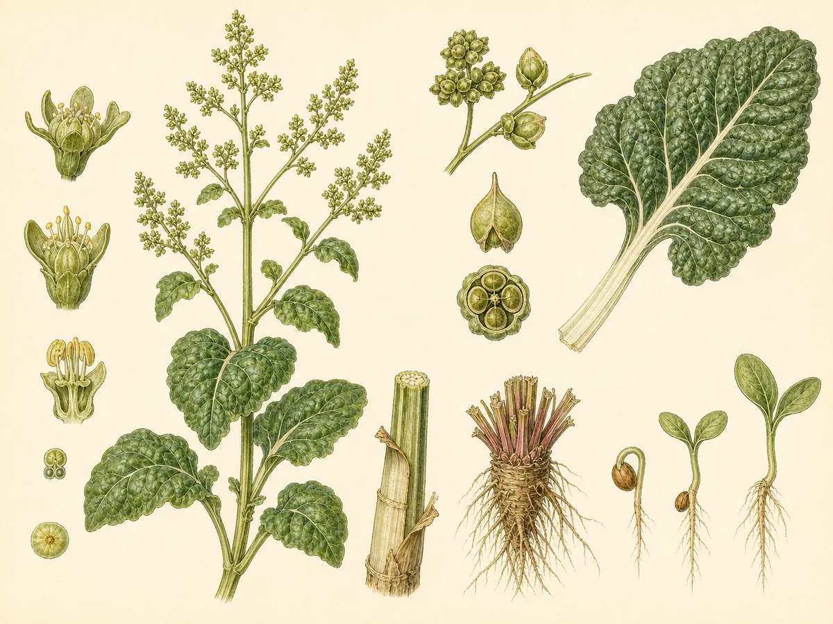 Prancha botânica complementar de Acelga (Beta vulgaris Cicla Group) com caracteres de identificação e ciclo de vida