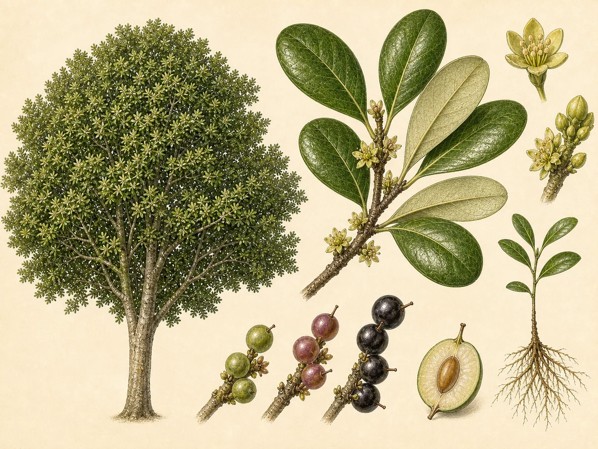Prancha botânica complementar de Aderno-da-Madeira (Heberdenia excelsa) com caracteres de identificação e ciclo de vida