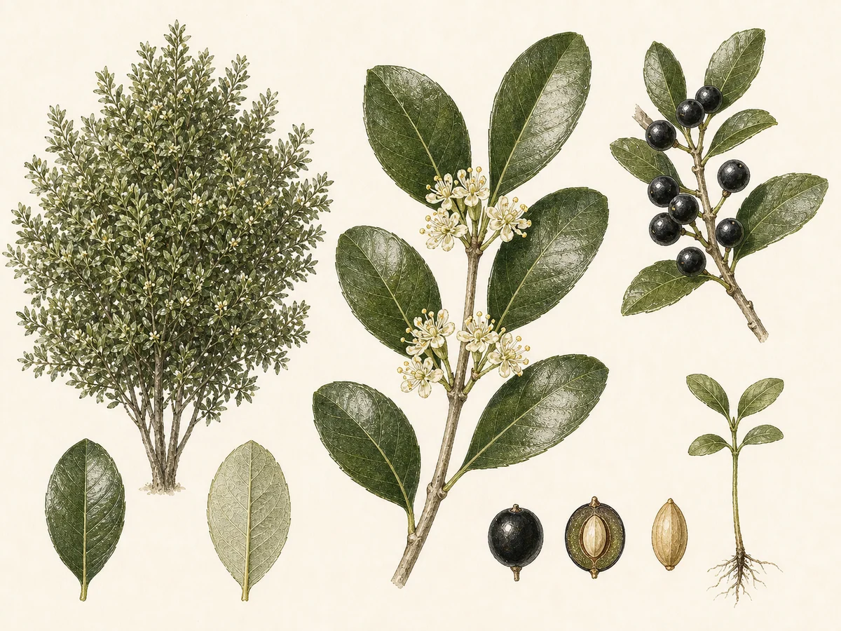 Prancha botânica complementar de Aderno (Phillyrea latifolia) com caracteres de identificação e ciclo de vida