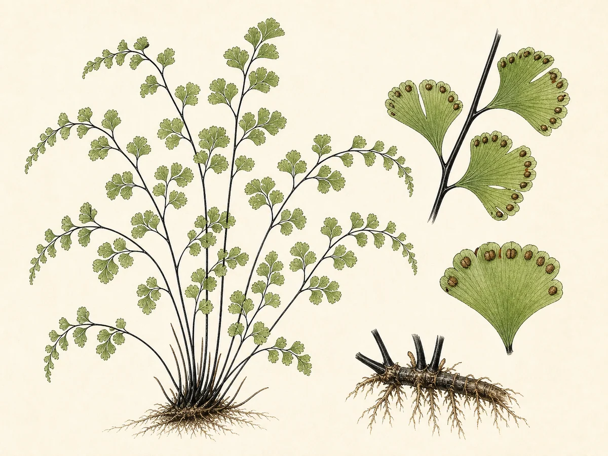 Prancha botânica complementar de Avenca-de-Dallas — exceção madeirense documentada (Adiantum raddianum) com caracteres de identificação e ciclo de vida
