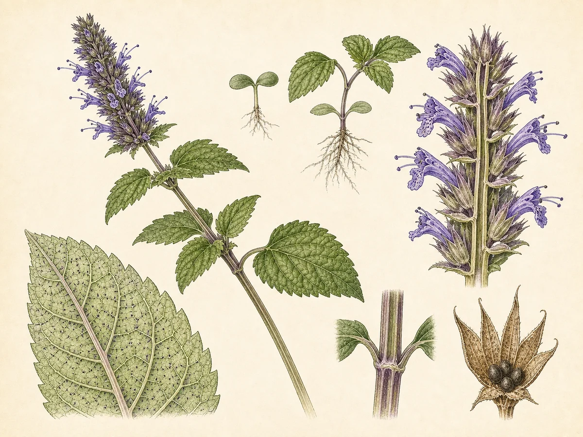 Prancha botânica complementar de Agastache (Agastache foeniculum) com caracteres de identificação e ciclo de vida