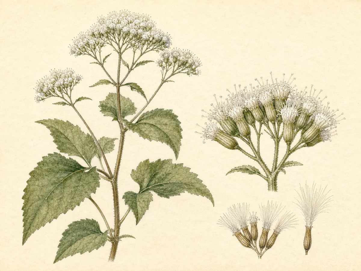Prancha botânica complementar de Ageratina riparia — não plantar na Madeira (Ageratina riparia) com caracteres de identificação e ciclo de vida