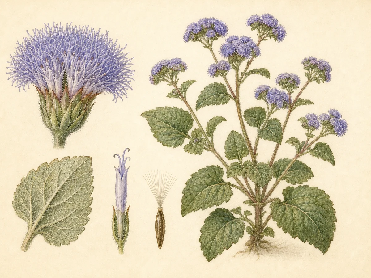 Prancha botânica complementar de Agerato (Ageratum houstonianum) com caracteres de identificação e ciclo de vida