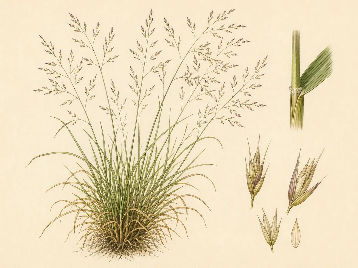 Prancha botânica complementar de Agrostis-castelhana (Agrostis castellana) com caracteres de identificação e ciclo de vida