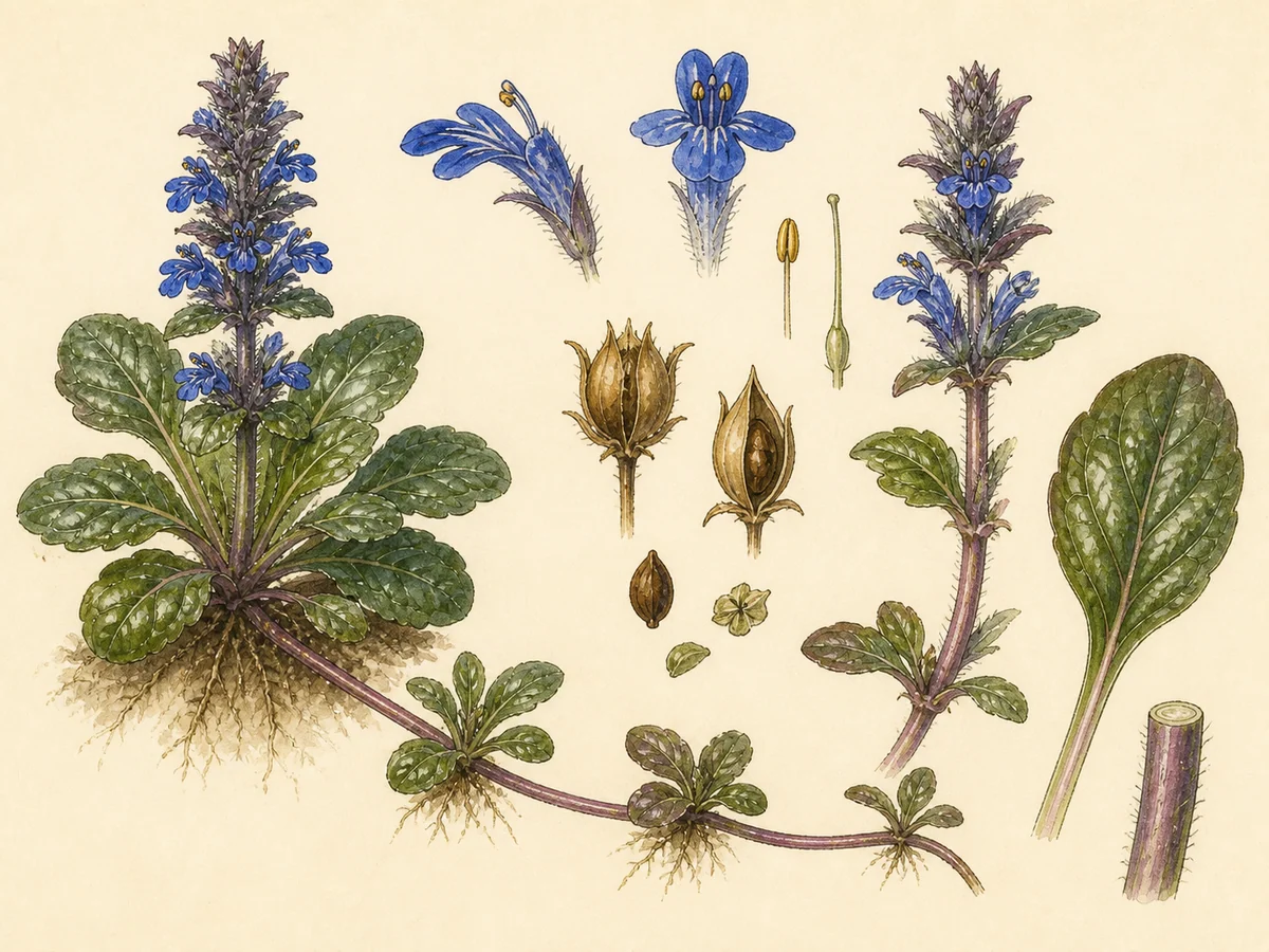 Prancha botânica complementar de Ajuga (Ajuga reptans) com caracteres de identificação e ciclo de vida