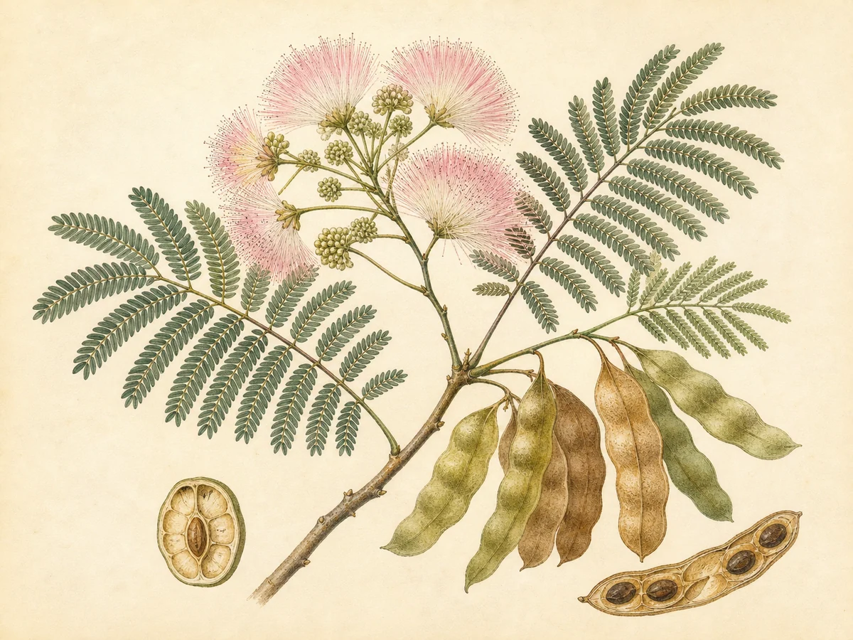 Prancha botânica complementar de Albízia-de-Constantinopla — não plantar (Albizzia julibrissin) com caracteres de identificação e ciclo de vida