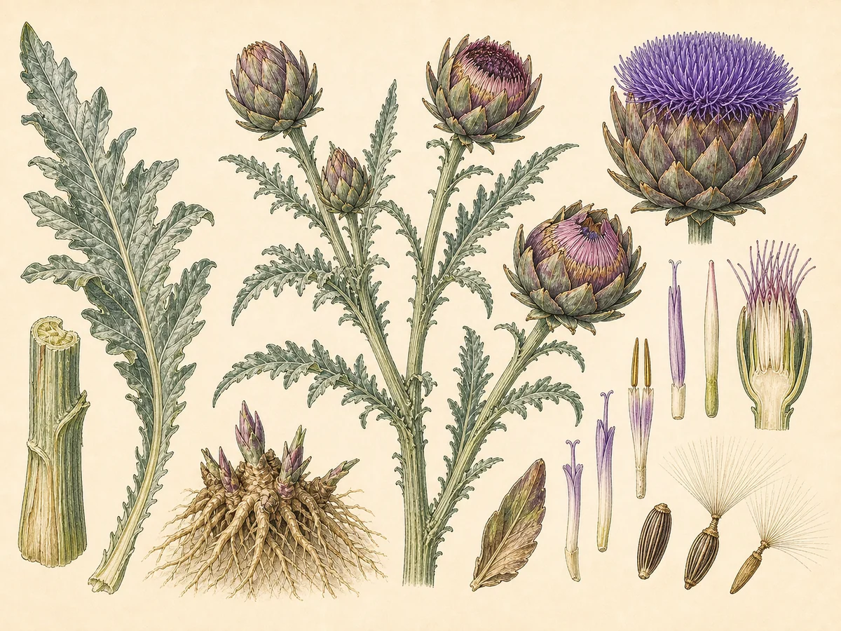 Prancha botânica complementar de Alcachofra (Cynara cardunculus var. scolymus) com caracteres de identificação e ciclo de vida