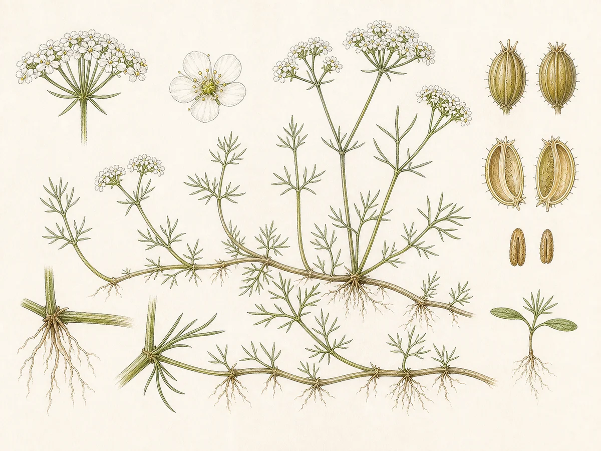 Prancha botânica complementar de Alcaravia-dos-charcos (Caropsis verticillato-inundata) com caracteres de identificação e ciclo de vida