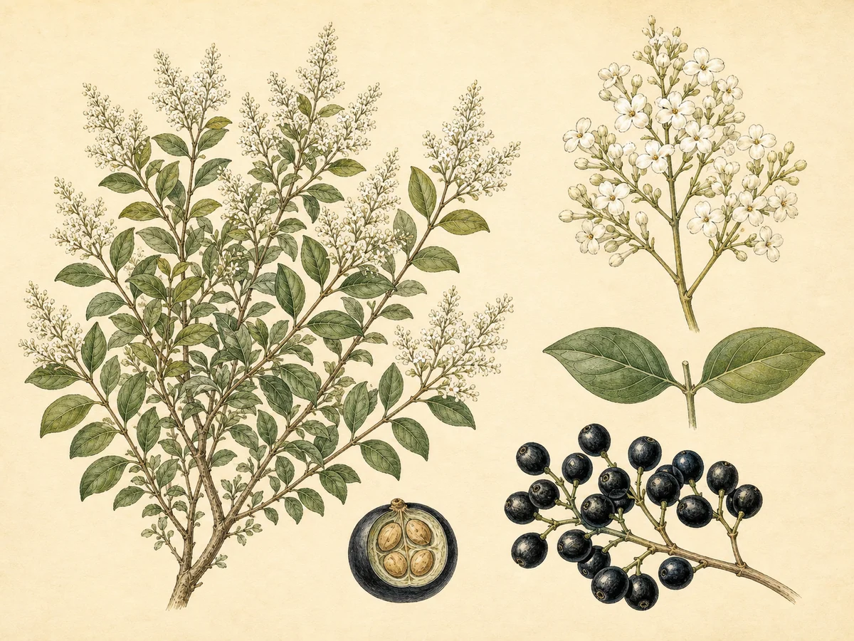 Prancha botânica complementar de Alfeneiro-comum (Ligustrum vulgare) com caracteres de identificação e ciclo de vida