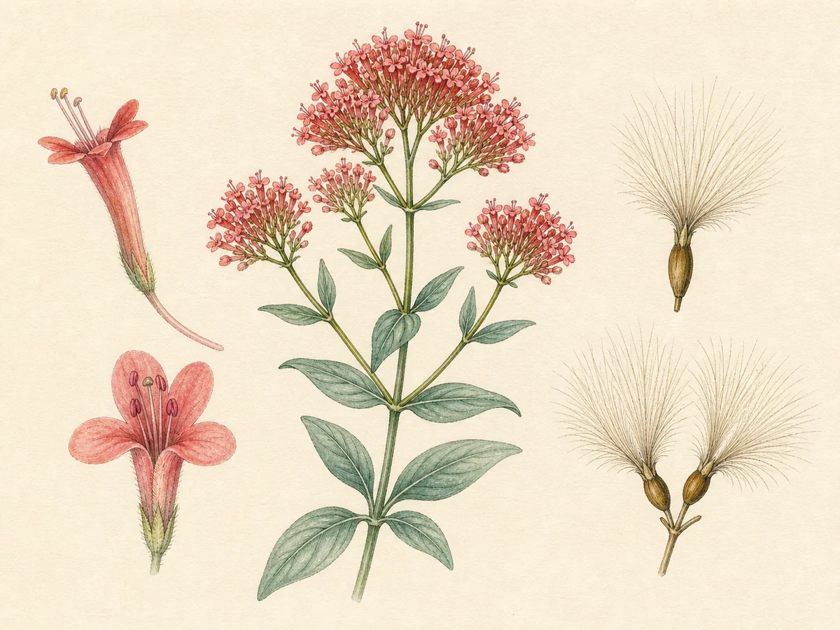 Prancha botânica complementar de Alfinetes-dos-muros — não plantar na Madeira (Centranthus ruber subsp. ruber) com caracteres de identificação e ciclo de vida
