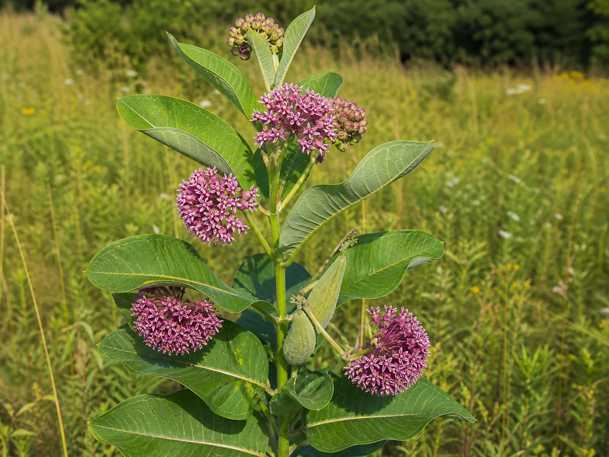 Prancha botânica complementar de Algodão-da-Síria (Asclepias syriaca) com caracteres de identificação e ciclo de vida