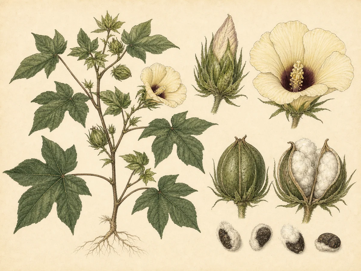 Prancha botânica complementar de Algodoeiro-herbáceo (Gossypium herbaceum) com caracteres de identificação e ciclo de vida