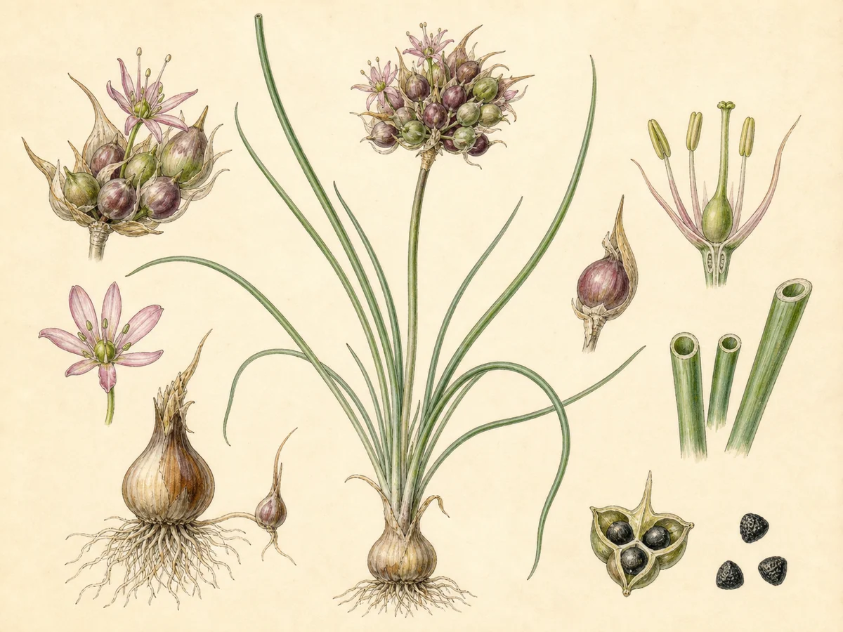 Prancha botânica complementar de Alho-das-vinhas (Allium vineale) com caracteres de identificação e ciclo de vida