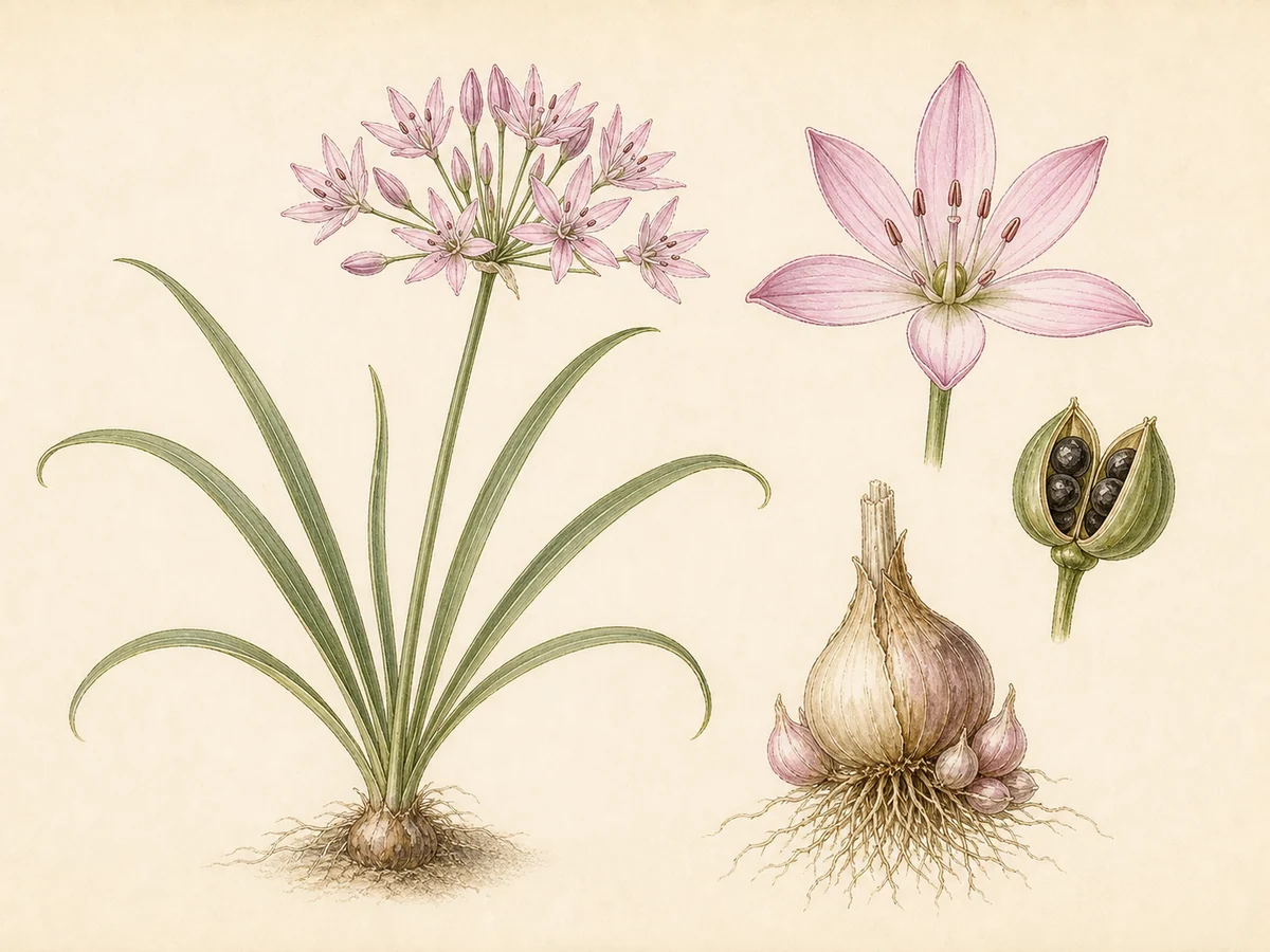 Prancha botânica complementar de Alho-rosado (Allium roseum) com caracteres de identificação e ciclo de vida