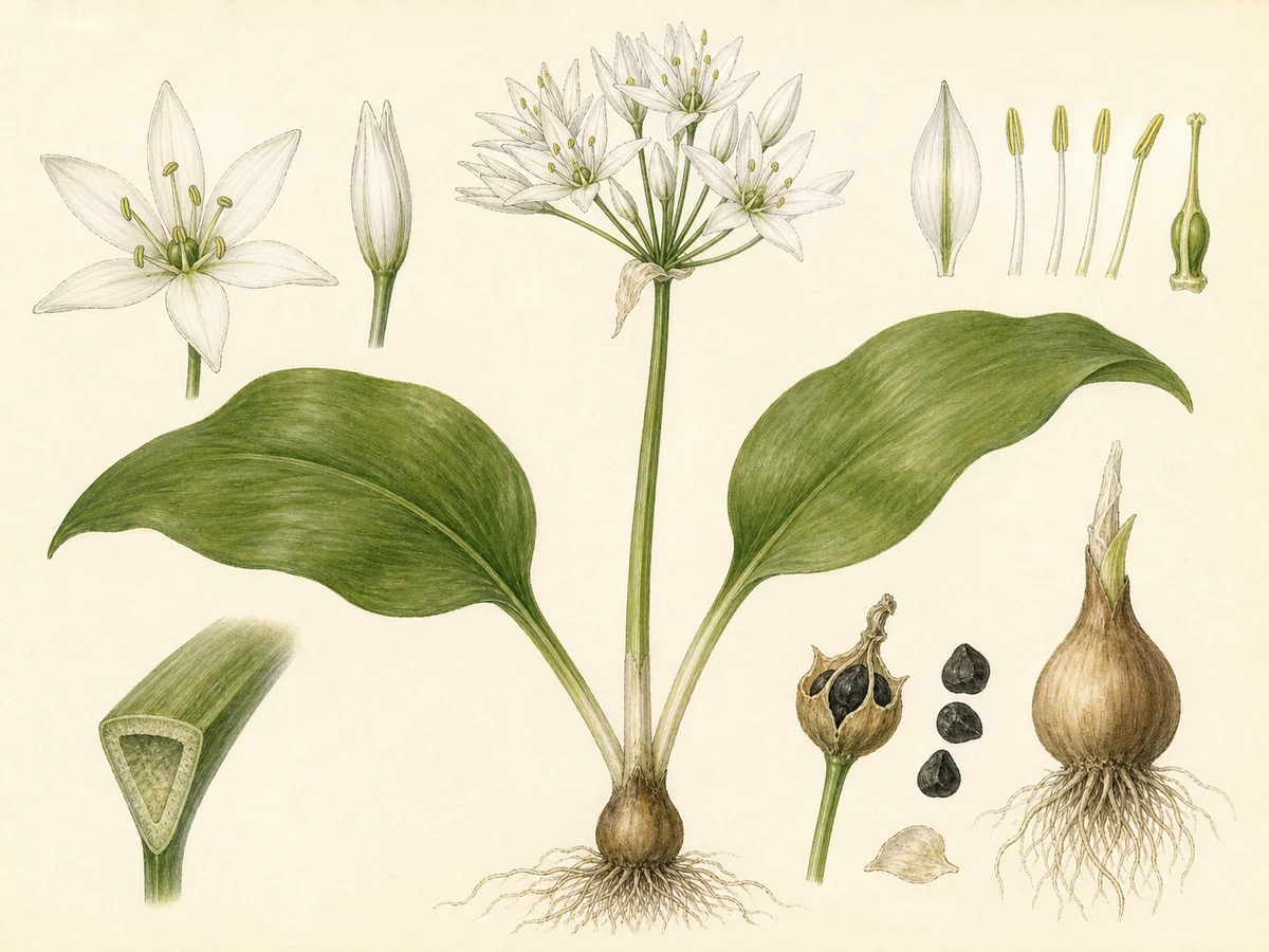 Prancha botânica complementar de Alho-ursino (Allium ursinum subsp. ursinum) com caracteres de identificação e ciclo de vida