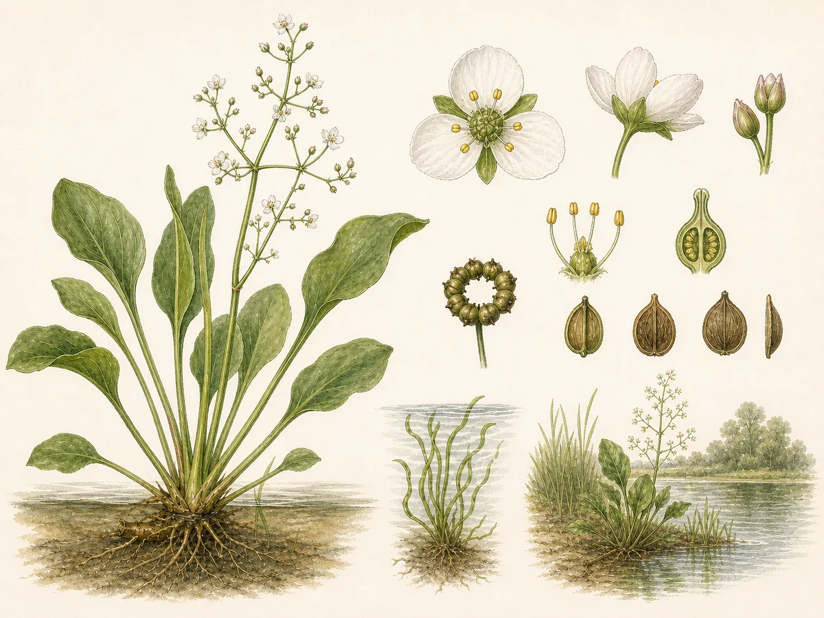 Prancha botânica complementar de Alisma (Alisma plantago-aquatica) com caracteres de identificação e ciclo de vida