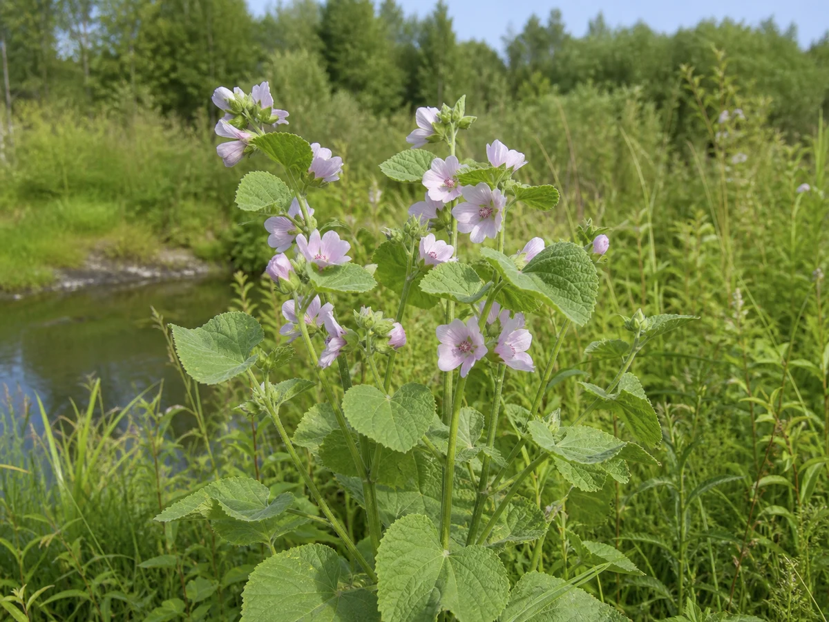 Prancha botânica complementar de Alteia (Althaea officinalis) com caracteres de identificação e ciclo de vida