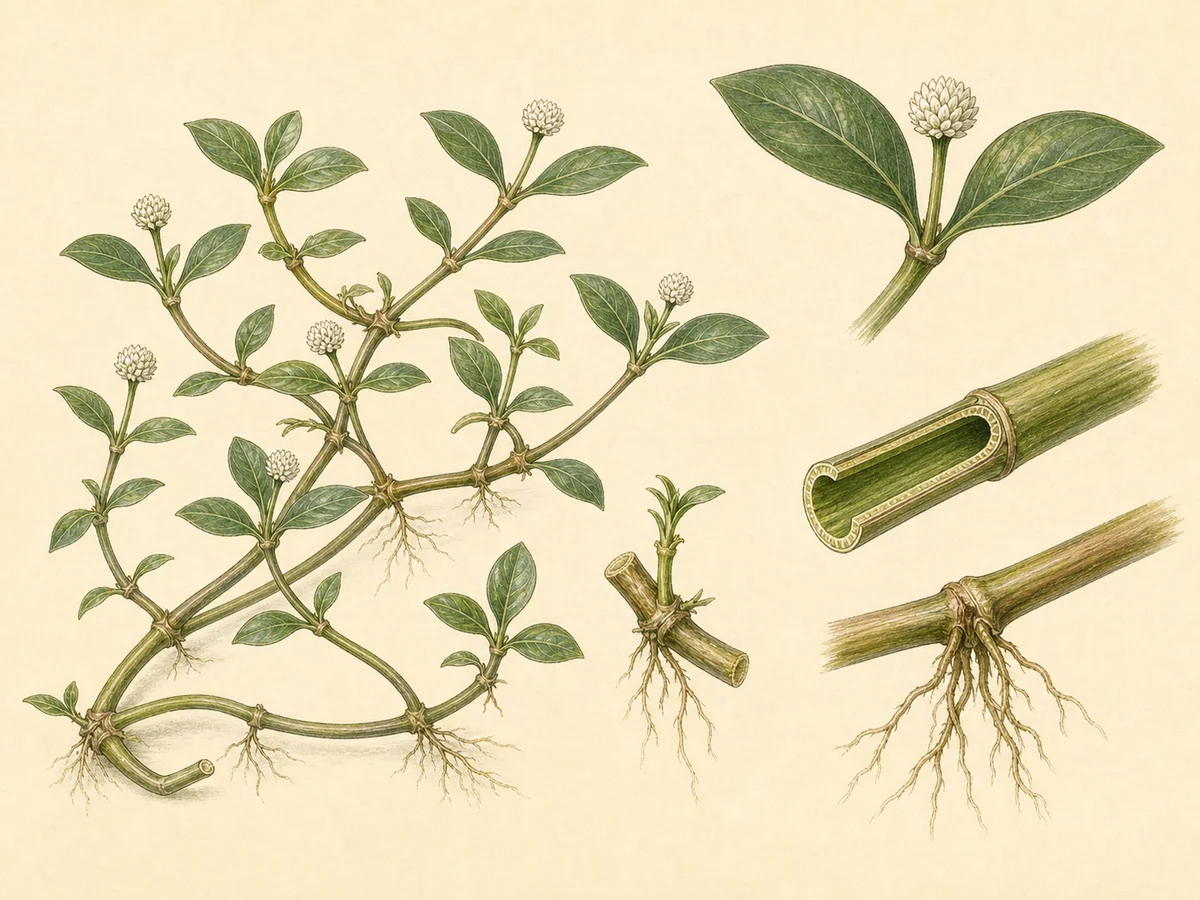 Prancha botânica complementar de Alternantera-aquática — não plantar (Alternanthera philoxeroides) com caracteres de identificação e ciclo de vida