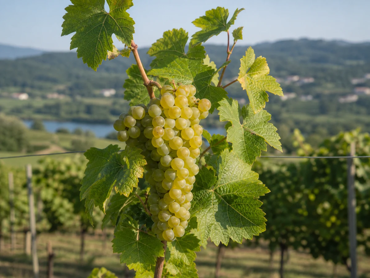 Prancha botânica complementar de Videira Alvarinho (Vitis vinifera 'Alvarinho') com caracteres de identificação e ciclo de vida