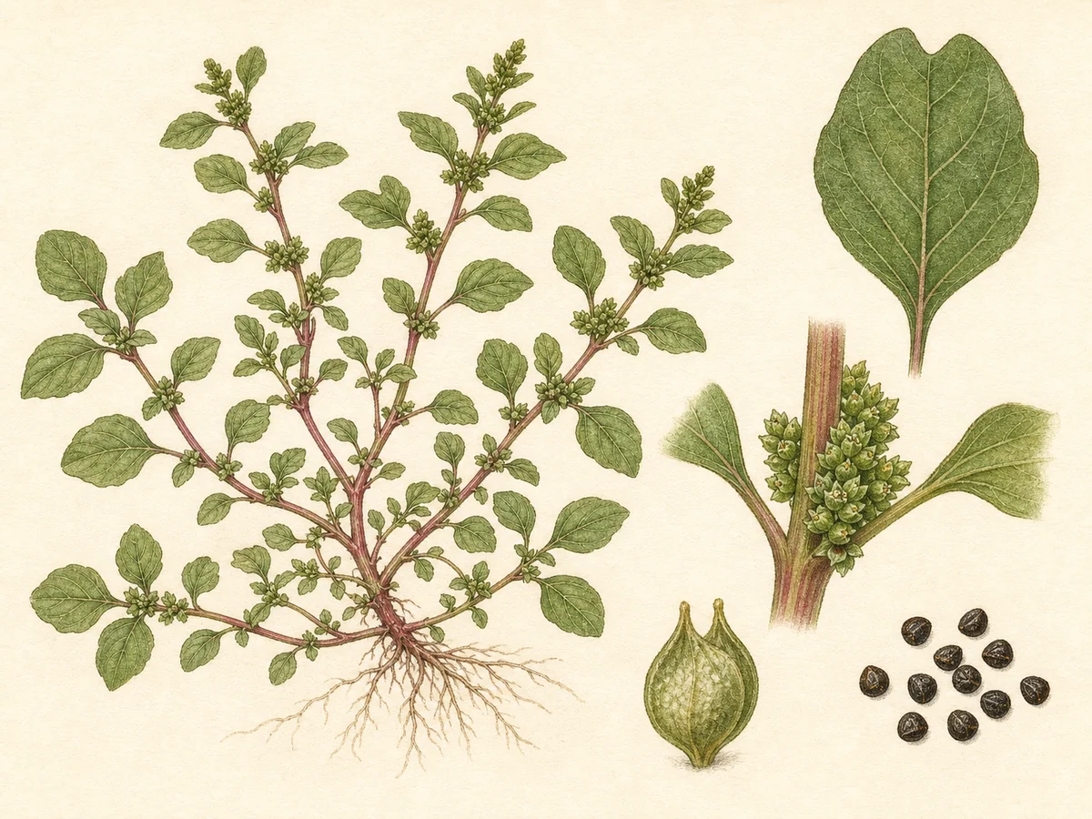 Prancha botânica complementar de Amaranthus blitum subsp. emarginatus — não plantar (Amaranthus blitum subsp. emarginatus) com caracteres de identificação e ciclo de vida