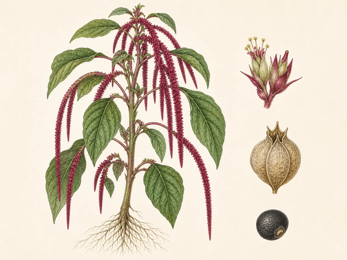 Prancha botânica complementar de Amaranto-cauda — limites nacionais e madeirenses (Amaranthus caudatus) com caracteres de identificação e ciclo de vida