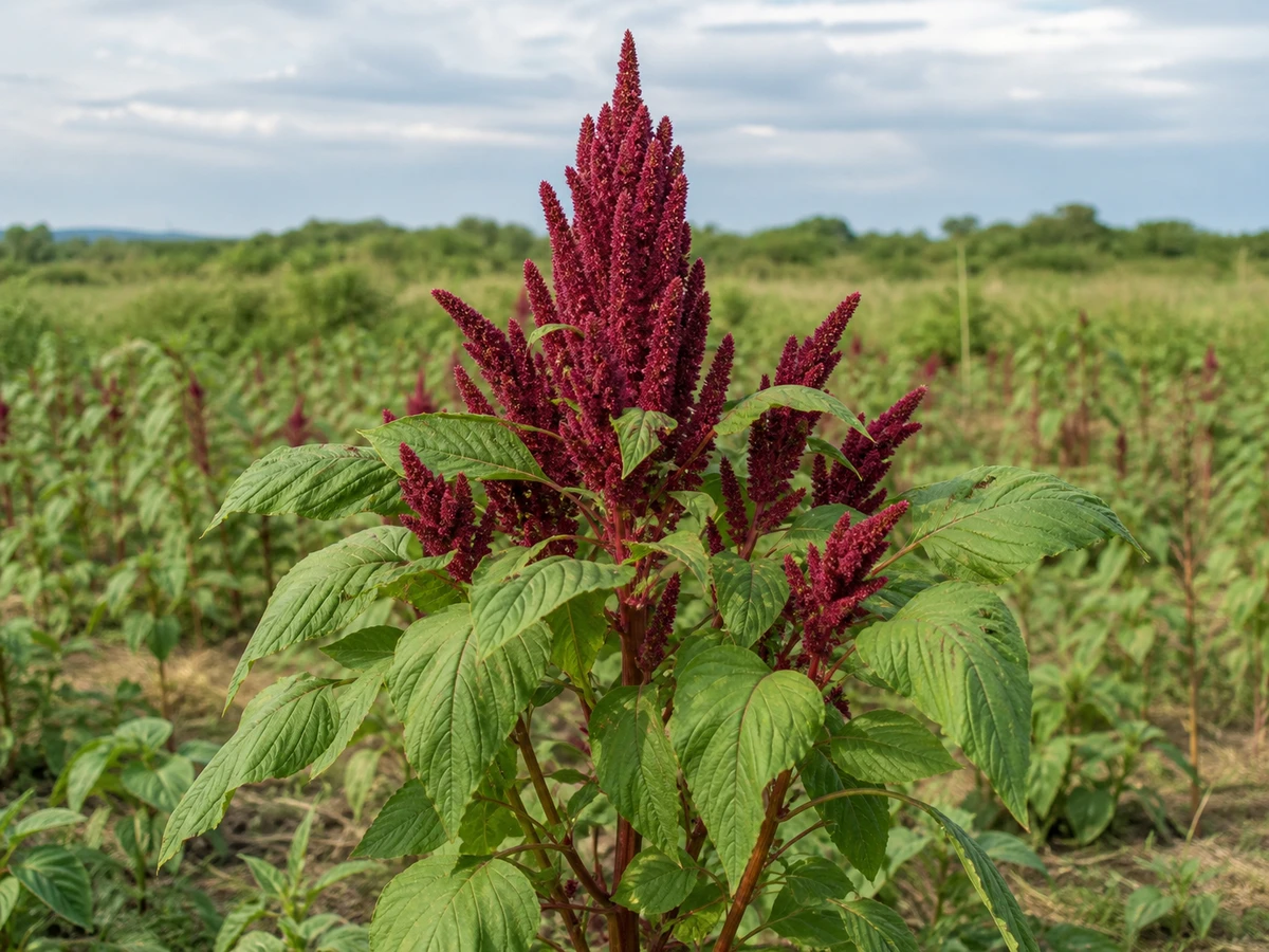 Prancha botânica complementar de Bredo-vermelho — duas linhas legais, uma espécie (Amaranthus cruentus) com caracteres de identificação e ciclo de vida