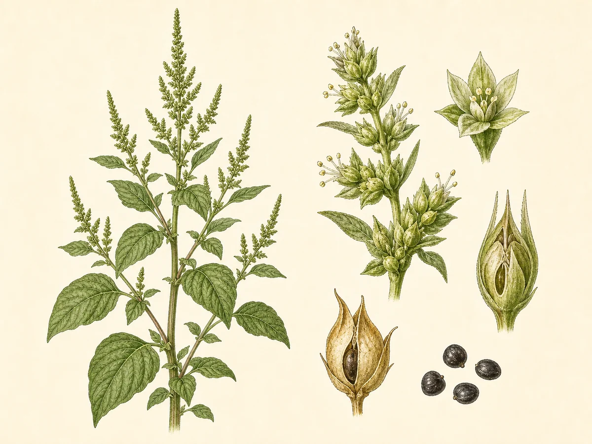 Prancha botânica complementar de Bredo-híbrido — não plantar (Amaranthus hybridus) com caracteres de identificação e ciclo de vida