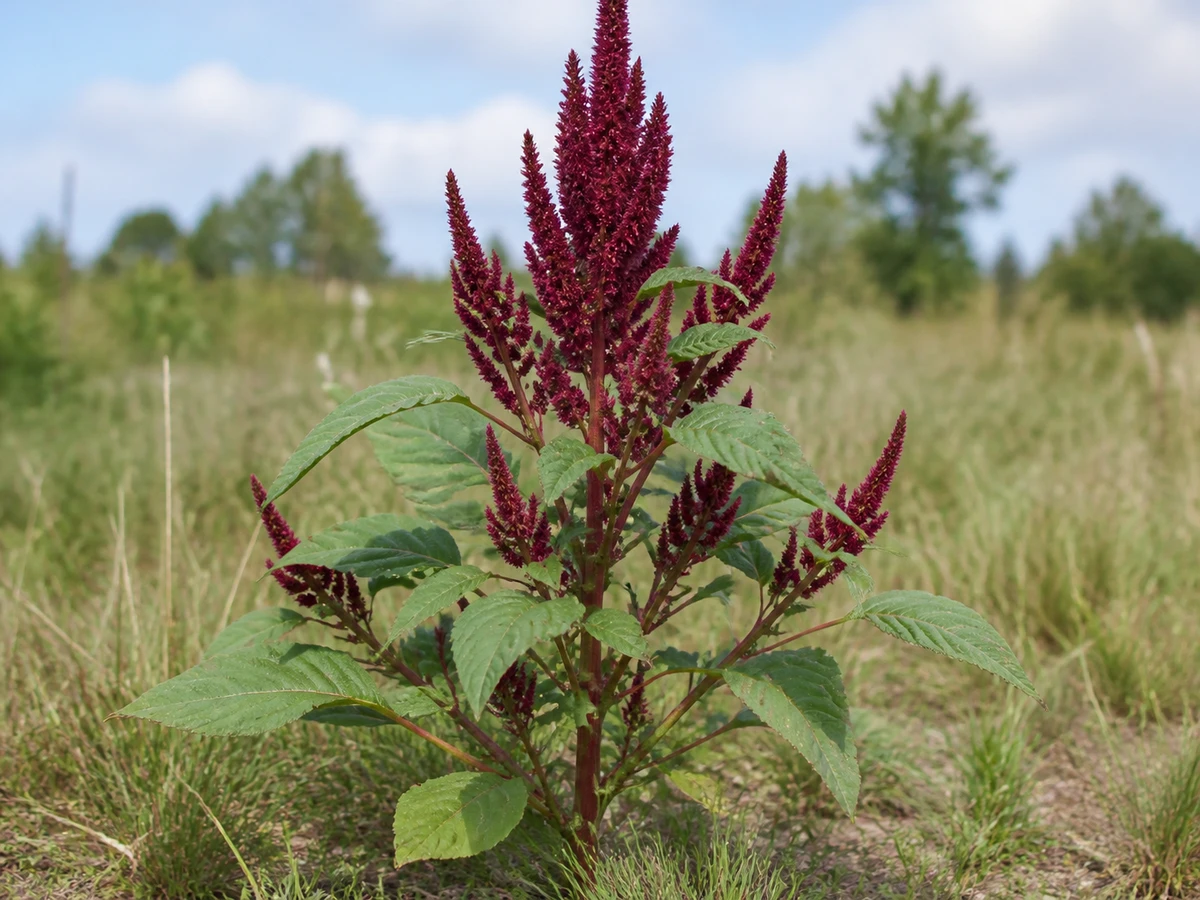 Prancha botânica complementar de Amaranto-hipocondríaco — não plantar (Amaranthus hypochondriacus) com caracteres de identificação e ciclo de vida