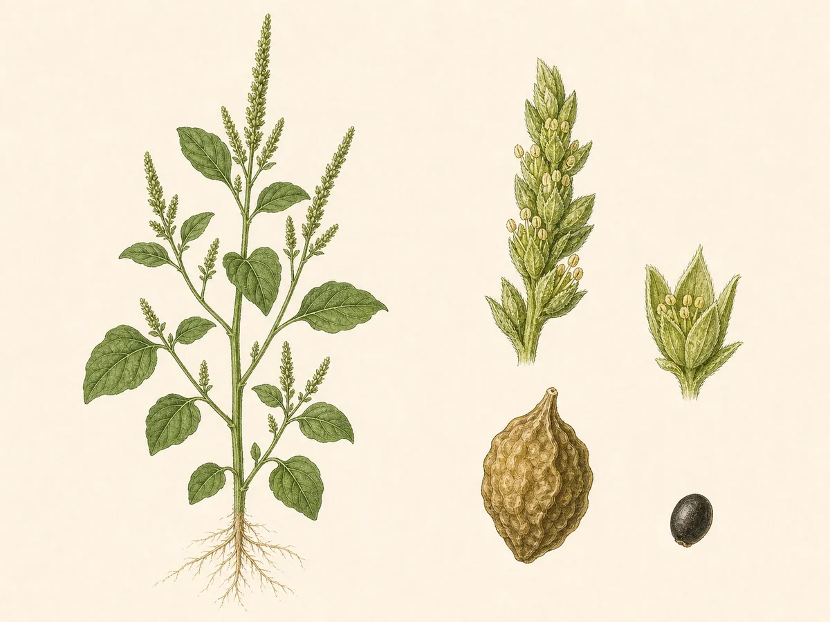 Prancha botânica complementar de Bredo-verde — não plantar (Amaranthus viridis) com caracteres de identificação e ciclo de vida