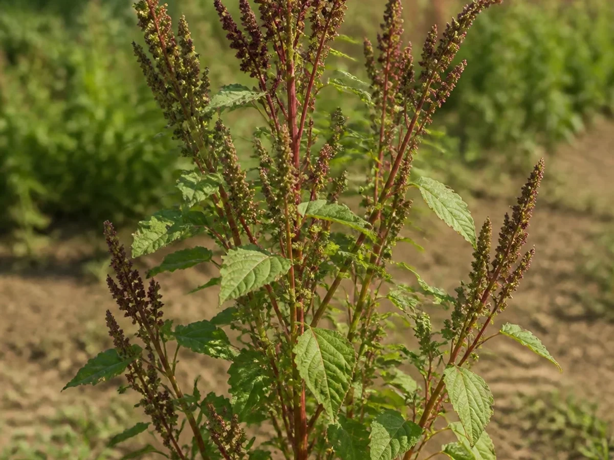 Prancha botânica complementar de Amaranthus × ozanonii — não plantar (Amaranthus × ozanonii) com caracteres de identificação e ciclo de vida