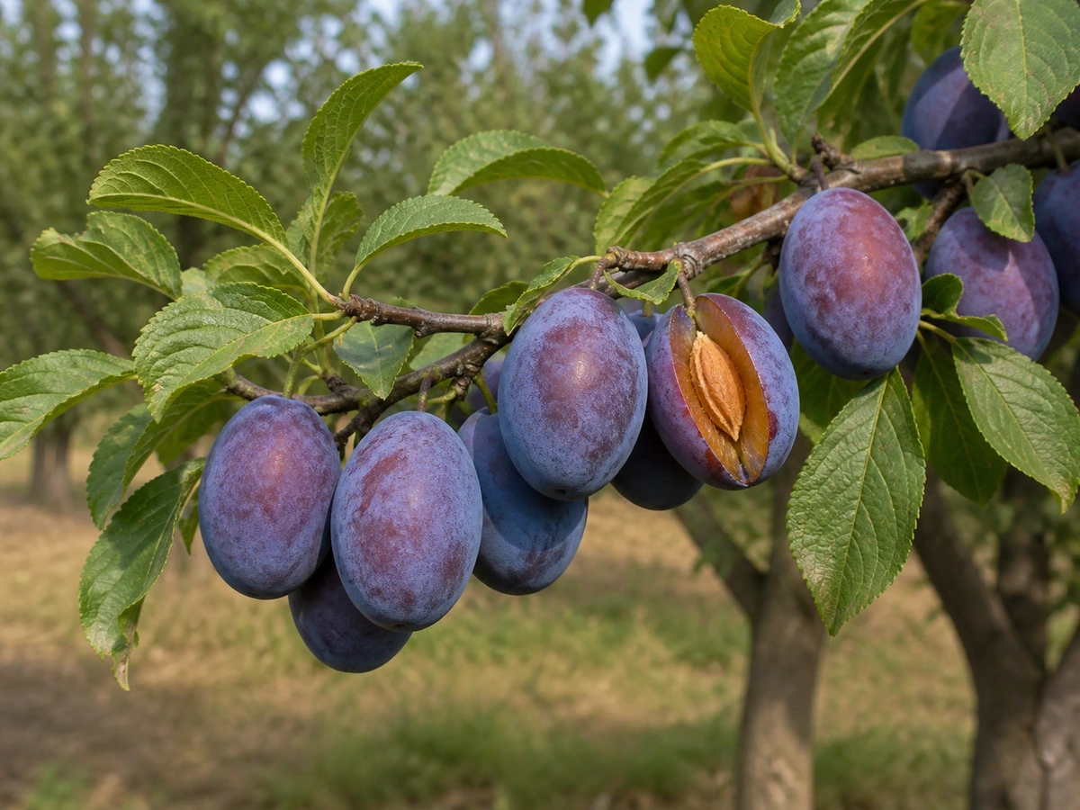 Prancha botânica complementar de Ameixeira ‘Caroço de Damasco’ (Prunus domestica L. ‘Caroço de Damasco’) com caracteres de identificação e ciclo de vida