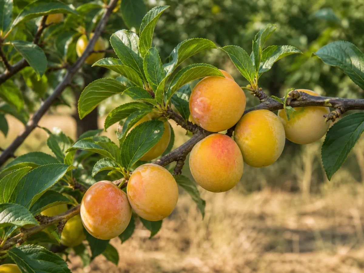 Prancha botânica complementar de Ameixeira ‘De Carne’ (Prunus domestica L. ‘De Carne’) com caracteres de identificação e ciclo de vida