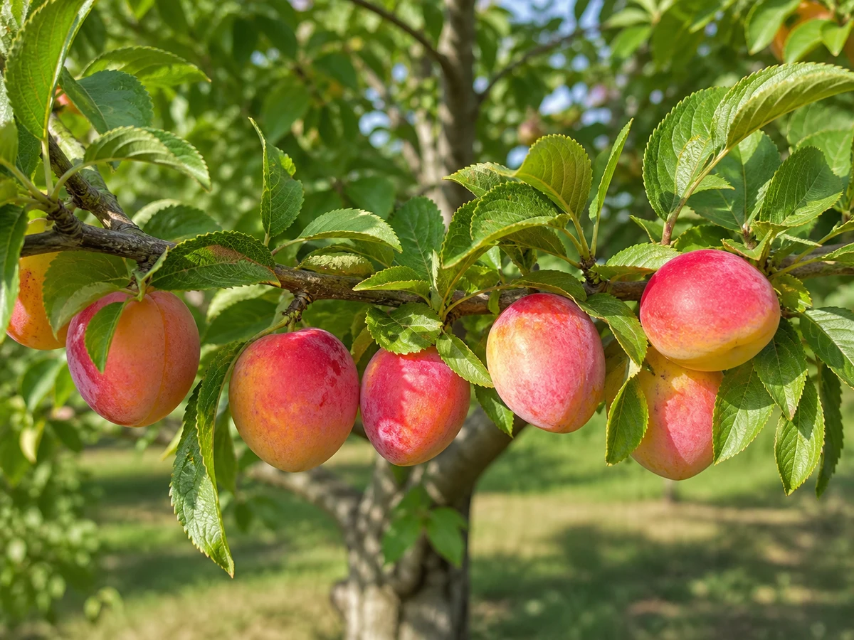 Prancha botânica complementar de Ameixeira ‘Pêssego’ (Prunus domestica L. ‘Pêssego’) com caracteres de identificação e ciclo de vida
