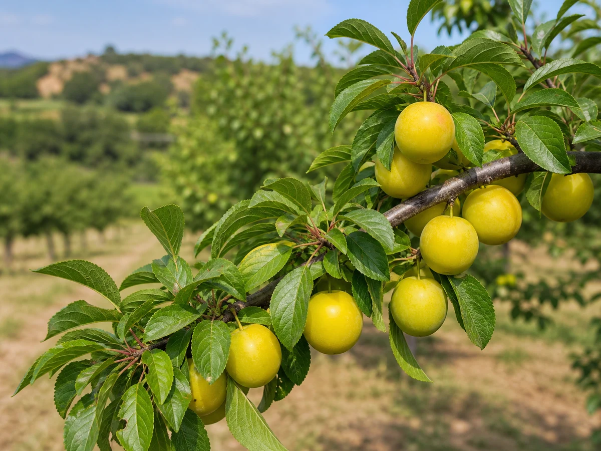 Prancha botânica complementar de Ameixeira ‘Rainha Cláudia UE11’ (Prunus domestica L. ‘Rainha Cláudia UE11’) com caracteres de identificação e ciclo de vida