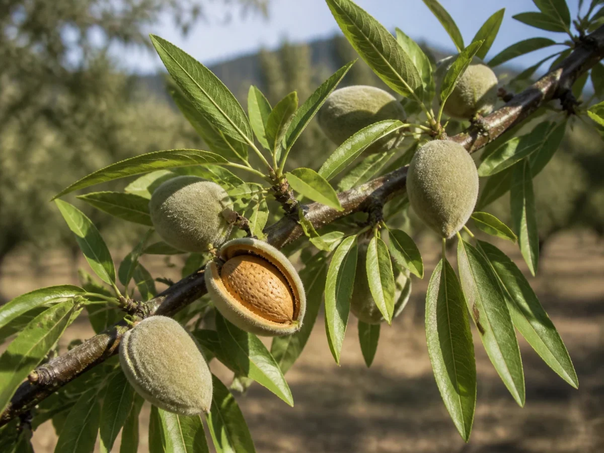 Prancha botânica complementar de Amendoeira ‘Boa Casta’ (Prunus amygdalus Batsch ‘Boa Casta’) com caracteres de identificação e ciclo de vida