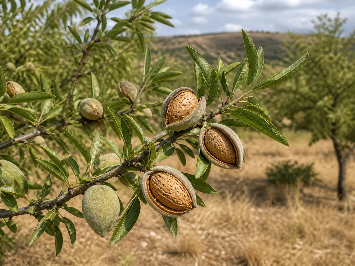 Prancha botânica complementar de Amendoeira ‘Coco’ (Prunus amygdalus Batsch ‘Coco’) com caracteres de identificação e ciclo de vida