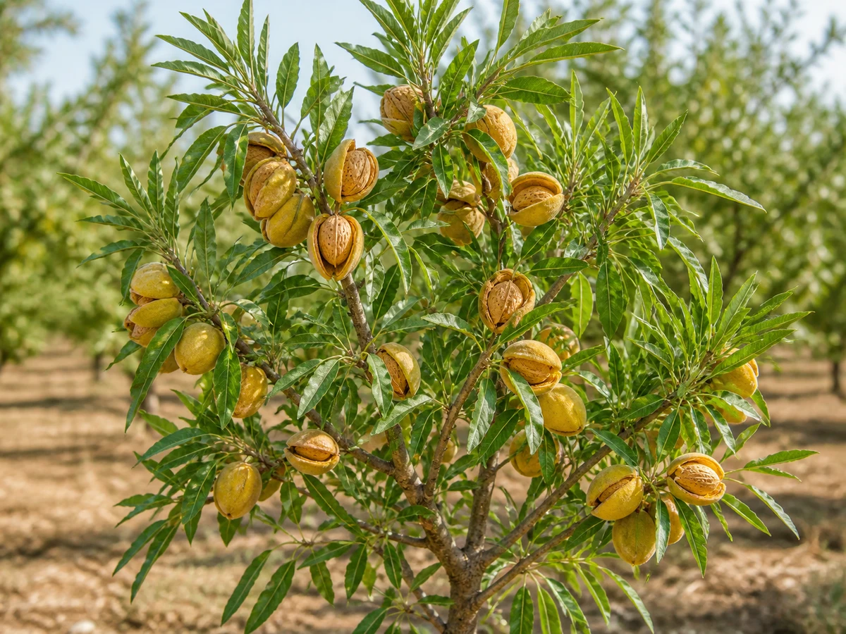 Prancha botânica complementar de Amendoeira ‘Duro Amarelo’ (Prunus amygdalus Batsch ‘Duro Amarelo’) com caracteres de identificação e ciclo de vida