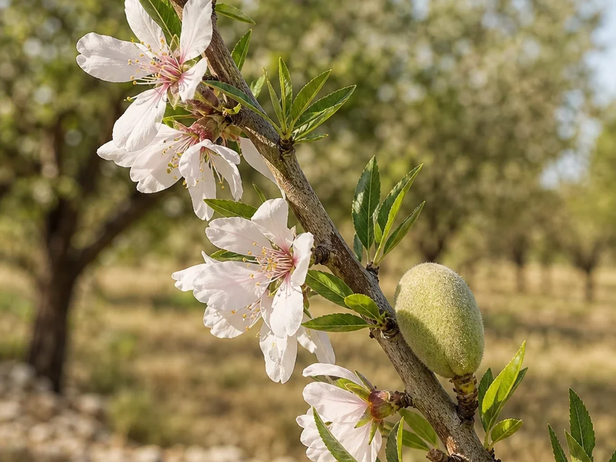 Prancha botânica complementar de Amendoeira ‘Ferragudo’ (Prunus amygdalus Batsch ‘Ferragudo’) com caracteres de identificação e ciclo de vida