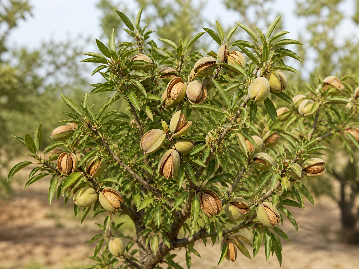 Prancha botânica complementar de Amendoeira ‘Lourencinha’ (Prunus amygdalus Batsch ‘Lourencinha’) com caracteres de identificação e ciclo de vida