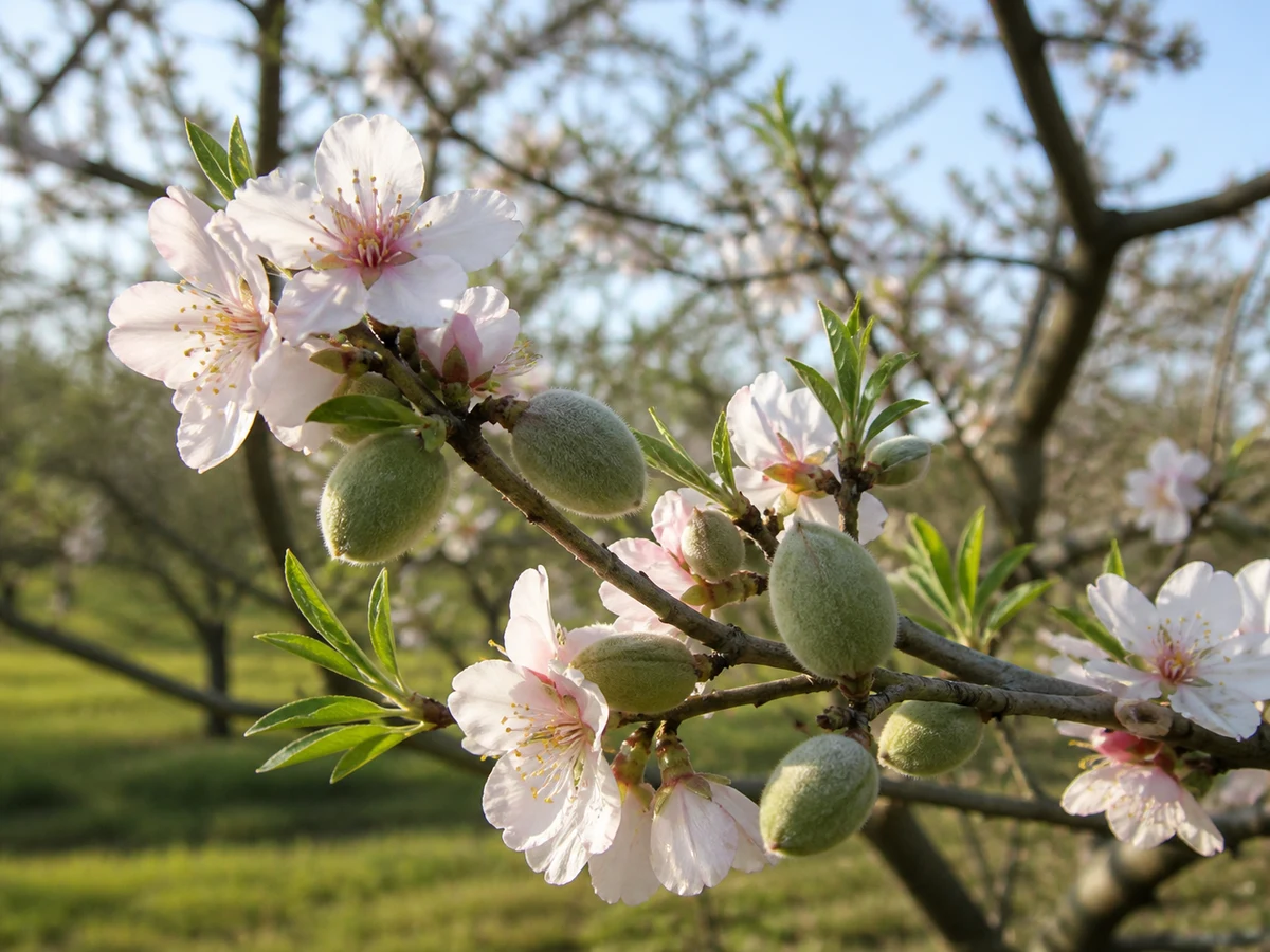 Prancha botânica complementar de Amendoeira ‘Zé Dias’ (Prunus amygdalus Batsch ‘Zé Dias’) com caracteres de identificação e ciclo de vida