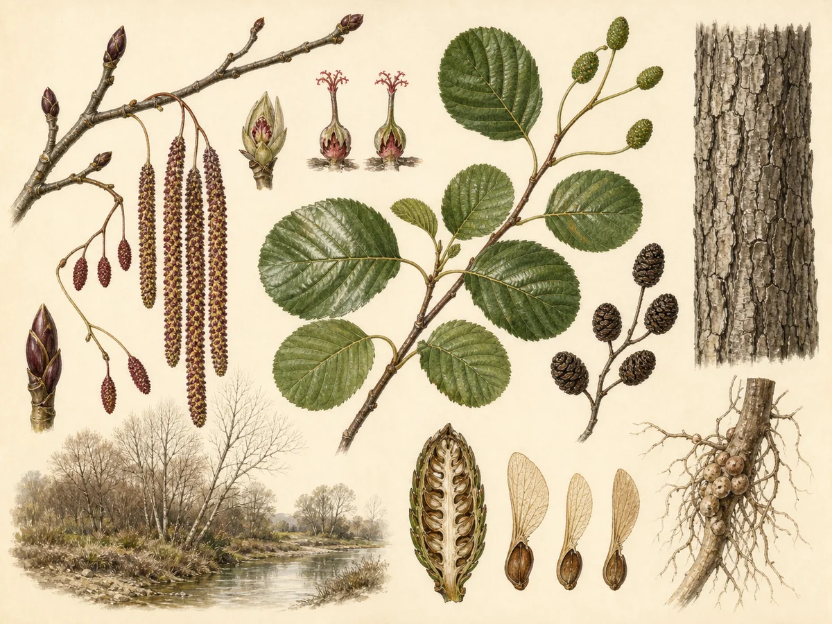Prancha botânica complementar de Amieiro-ibérico (Alnus glutinosa subsp. lusitanica) com caracteres de identificação e ciclo de vida